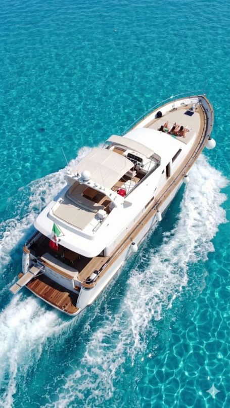 Luxury motorboat sailing in clear turquoise waters.